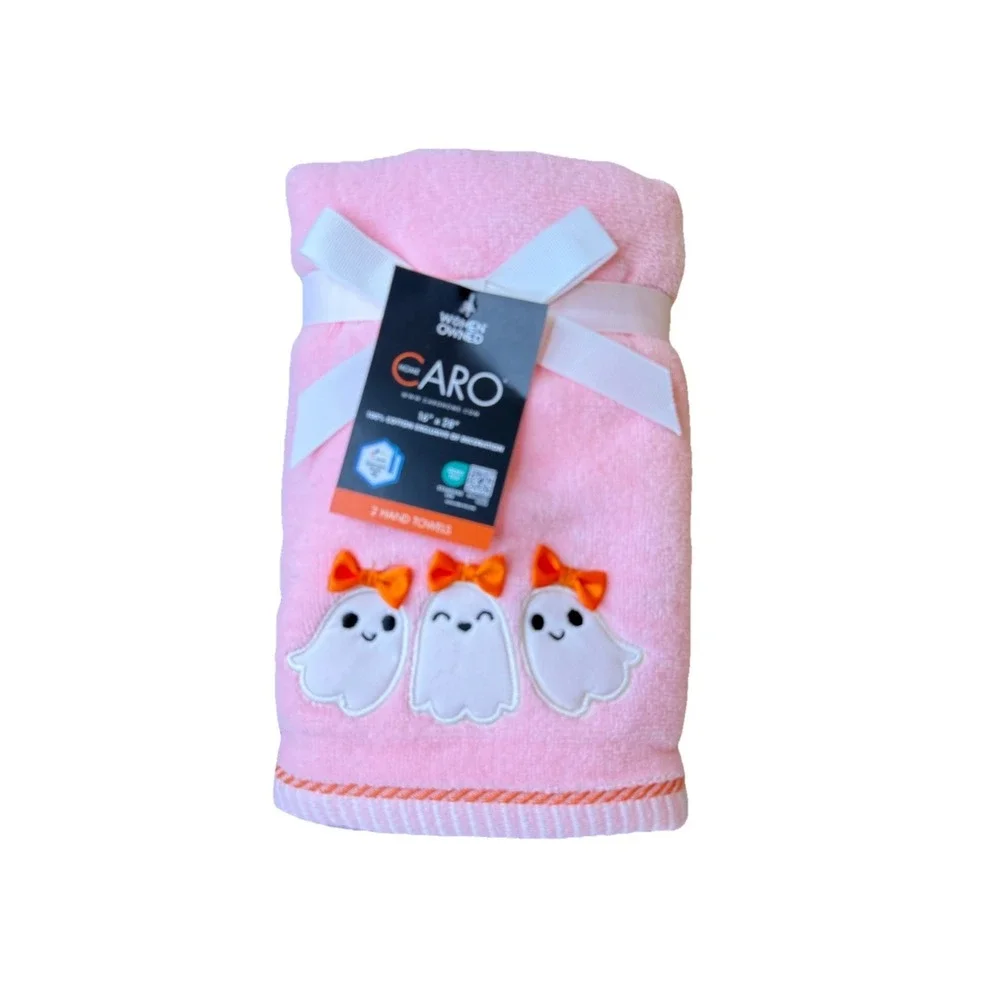 CARO Home Halloween GHOST Pink White Hand Towel‎ Set of 2 NEW!